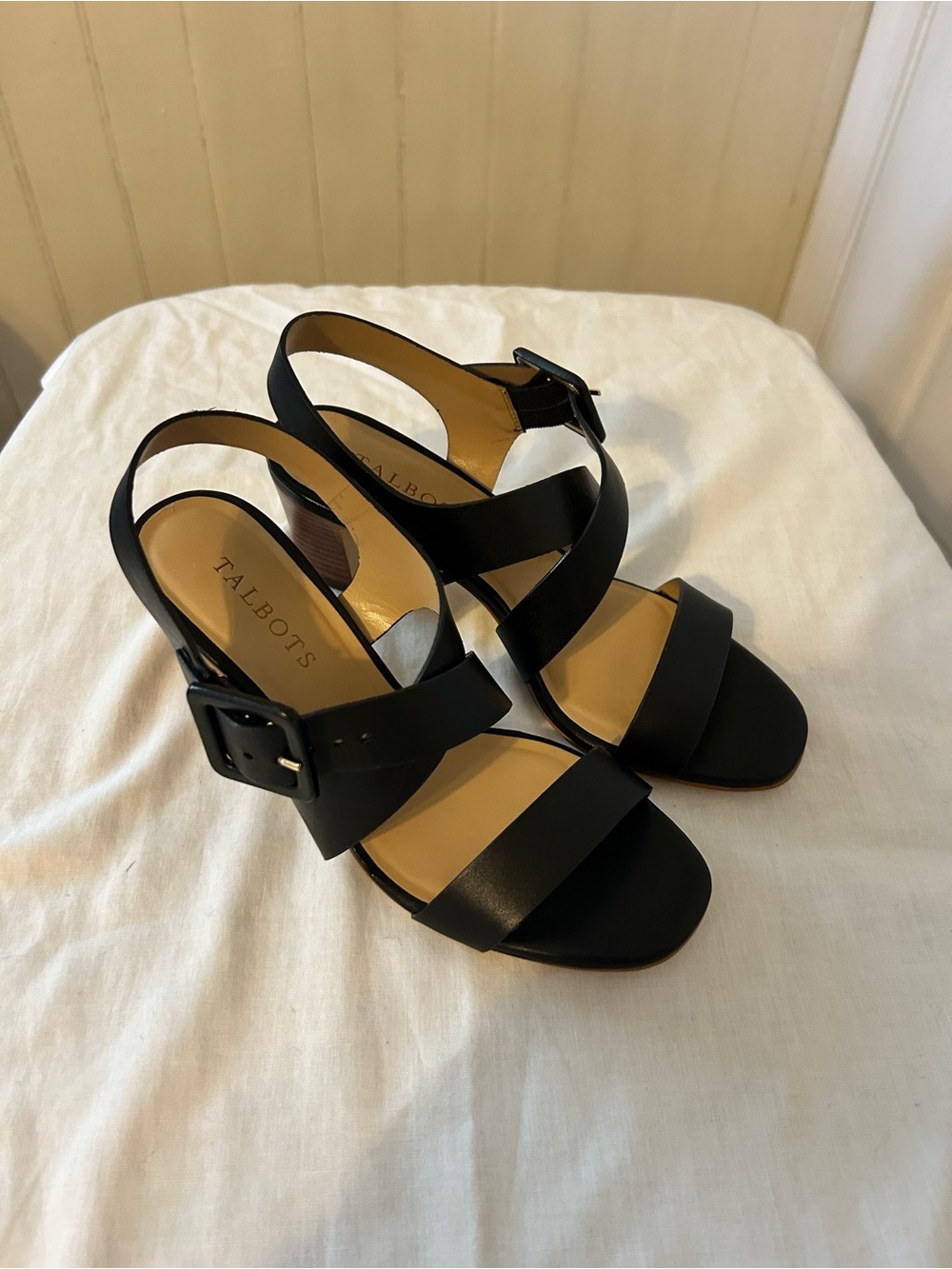 Talbots Mimi Black Leather Cross Band Block Heel Sandals/Size 6.5 M